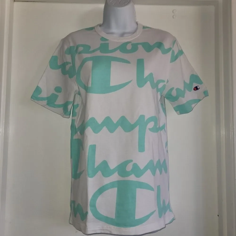 Men's Champion Heritage All-Over-Print Giant Script Crewneck Tee Ⓢ - Picture 2 of 5